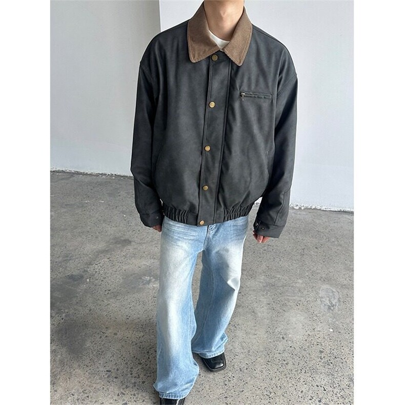 美式街头灯芯绒领拼扎染皮衣外套男款宽松休闲复古做旧飞行员夹克图片