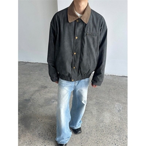 美式街头灯芯绒领拼扎染皮衣外套男款宽松休闲复古做旧飞行员夹克图片