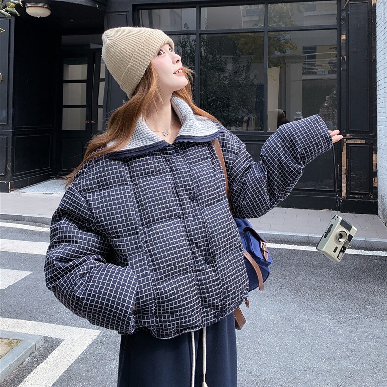 学院风格子羽绒服女2025冬新款短款翻领宽松外套加厚白鸭绒面包服，女装羽绒服，慧尚2-185