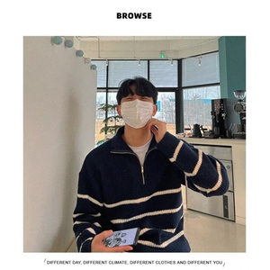 1506/QS500/P60加厚半拉链条纹毛衣男立领秋冬慵懒宽松针织衫男