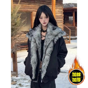 现货高品质美式高街重磅狼王座山雕毛毛领假两件棉衣加厚棉服外套图片
