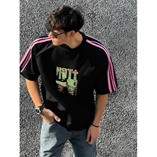 抖音得物品质二开240克宽松纯棉美式潮牌印花三条杠中性风短袖T恤，男装T恤，电商A486