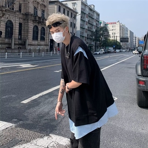 短袖假两件新款青春流行潮流潮T恤夏季男标准圆领时尚图片