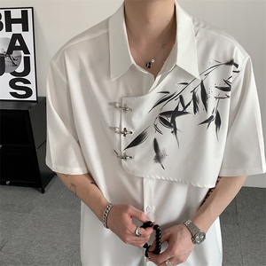 夏装2025新中式风水墨小众印花男女结构拼接衬衣短袖男女无性别