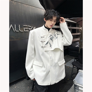 现货！秋冬新中式盘扣中山装竹叶印花垫肩设计西服外套XZ76-P135图片