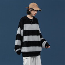 2025秋冬新款中性风条纹破洞大码宽松毛衣 A071-8805-P70图片