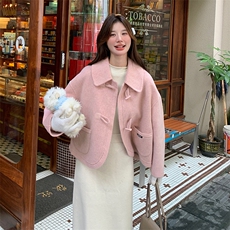 【现货】新款粉牛角扣针织拼接双面羊绒大衣99025款P225K328，女装毛呢外套，2C316