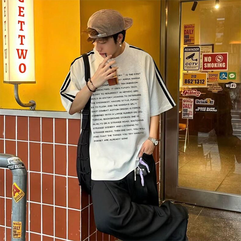 抖音得物高品质二开240克宽松纯棉美式潮牌三条杠织带短袖T恤，男装T恤，电商A486