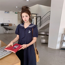 减龄学院风藏青色连衣裙女夏2025新款小个子今年流行法式绝美气质，女装连衣裙，2C261
