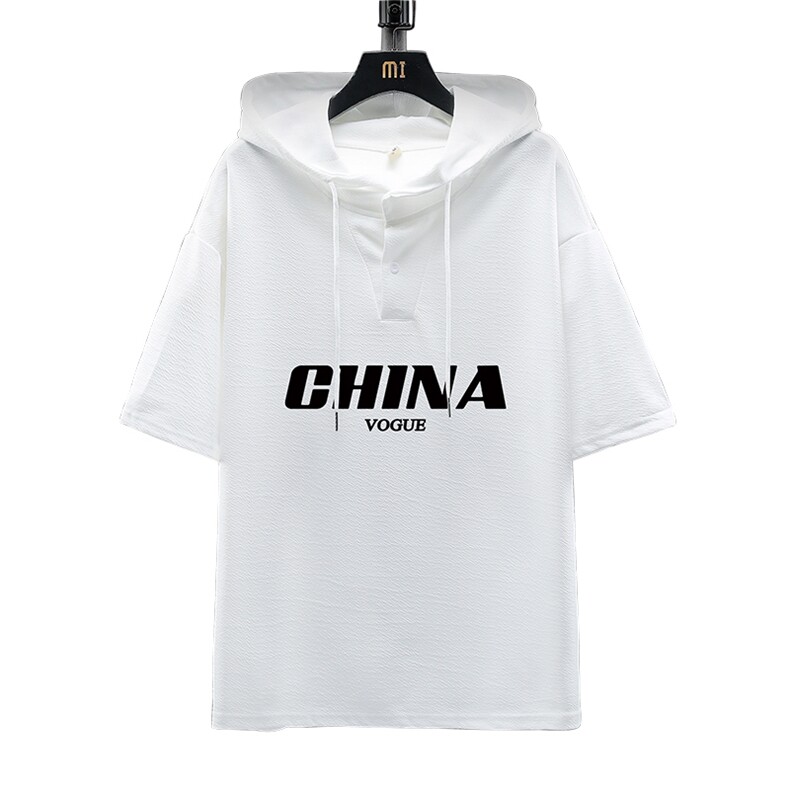 LD54001-P45连帽短袖t恤男大码胖子带帽五分袖中袖展架,男装T恤,电商A040A