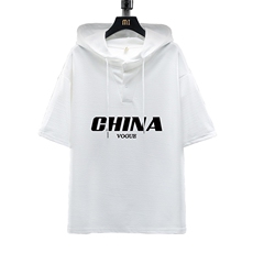 LD54001-P45连帽短袖t恤男大码胖子带帽五分袖中袖展架，男装T恤，电商A040A