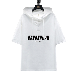 LD54001-P45 连帽短袖t恤男大码胖子带帽五分袖中袖 展架图片