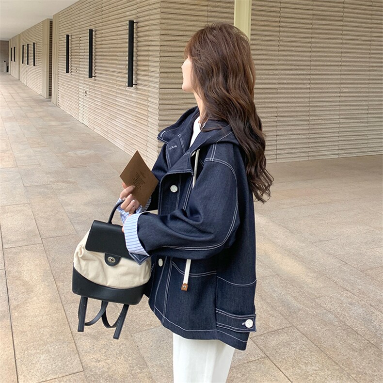 条纹拼接风衣式连帽牛仔外套女春秋2025新款超火流行超好看小个子,女装风衣,浙宝285（原212）