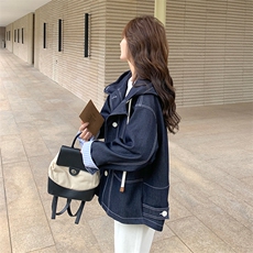 条纹拼接风衣式连帽牛仔外套女春秋2025新款超火流行超好看小个子，女装风衣，浙宝285（原212）