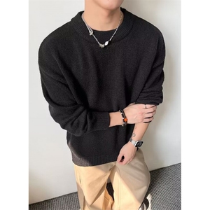 慵懒文艺冬季百搭宽松慵懒风假两件撞色灰色圆领针织毛衣 M5807图片