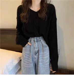 V领套头纯色长袖简约百搭显瘦纯色2024年秋季针织衫图片