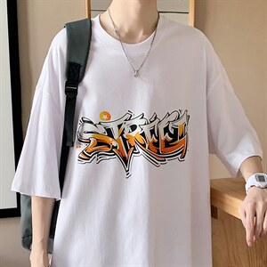 潮流嘻哈手绘涂鸦字母圆领短袖T恤宽松大码517A-1-T906-P28控38，男装T恤，星座517A-1