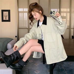 撞色翻领工装牛仔外套女2025春季新款复古设计感宽松休闲夹克上衣图片