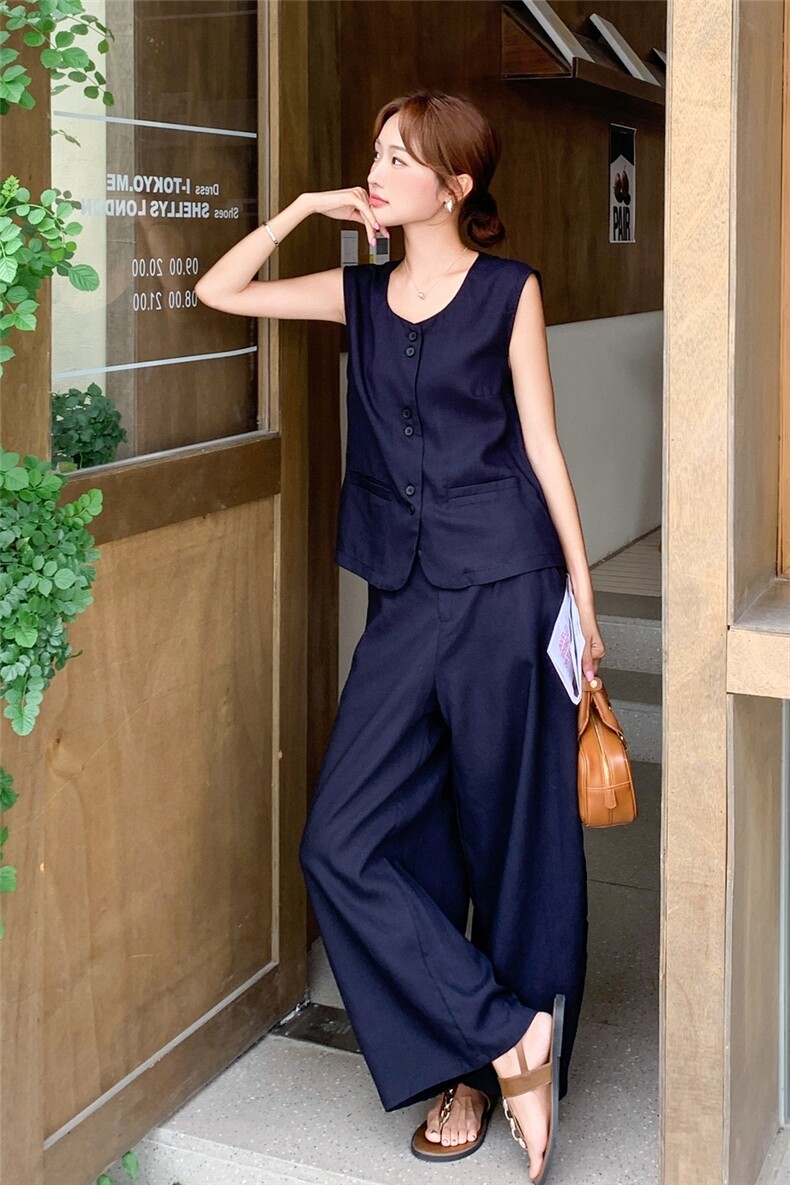 轻熟风穿搭藏蓝色天丝亚麻一整套女夏2025超火减龄马甲长裤两件套,女装套装/套裙,浙宝290（原306）