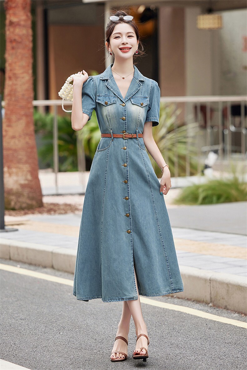 （新款现货）2026年夏季牛仔连衣裙女修身气质长裙休闲复古过膝潮,女装连衣裙,印象茜