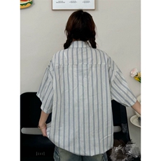 TC651-p40好质量可爱小狗刺绣条纹短袖衬衫女夏季美式上衣，女装衬衫，星座617A-2