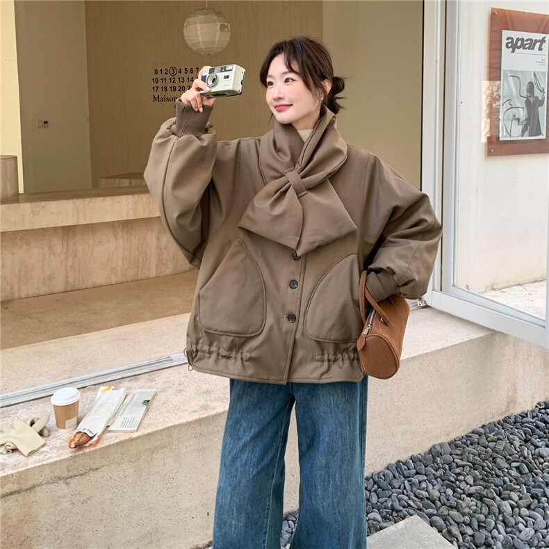 韩系拼接撞色格子围巾短款羽绒服女2025冬立领宽松小个子减龄外套,女装羽绒服,艾米莉亚