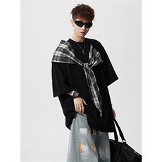 T10128-特批32控58曼巴棉大码撞色拼接个性小众T恤短袖潮，男装T恤，电商A059