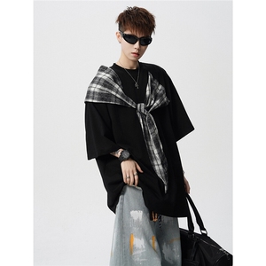 T10128-特批32 控58 曼巴棉大码撞色拼接个性小众T恤短袖潮图片