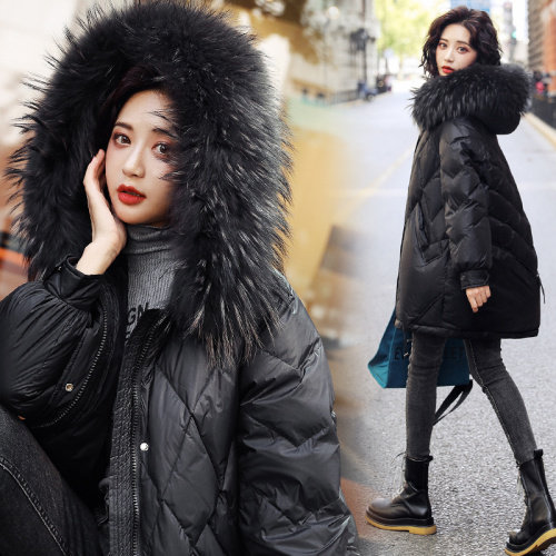 玫红色羽绒服女中长款90白鸭绒毛领外套【高仿毛的下架】,女装羽绒服,鑫源服饰