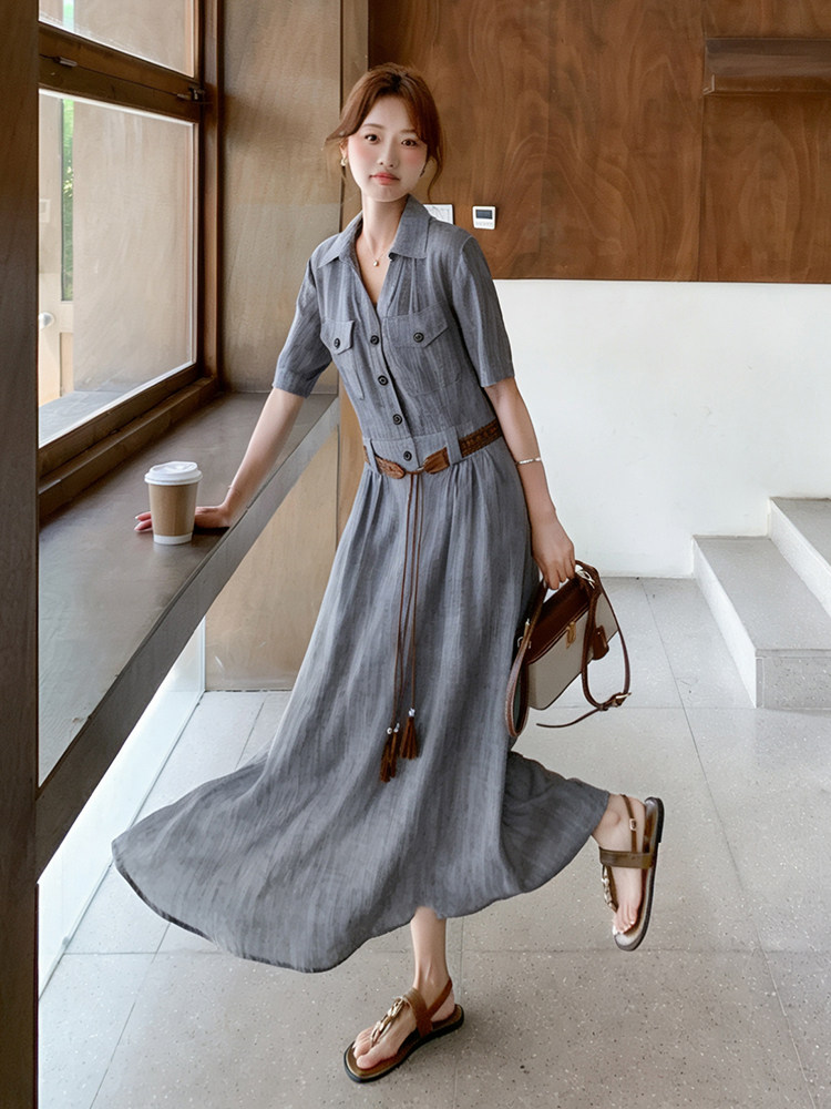 《档口现货26夏上新》气质三色天丝亚麻透气舒适连衣裙配腰带女,女装连衣裙,时尚风爆