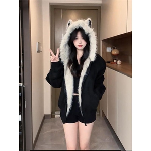 现货重磅硬挺boxy羽绒棉衣座山雕猫耳大毛毛领麂皮棉服冬外套图片
