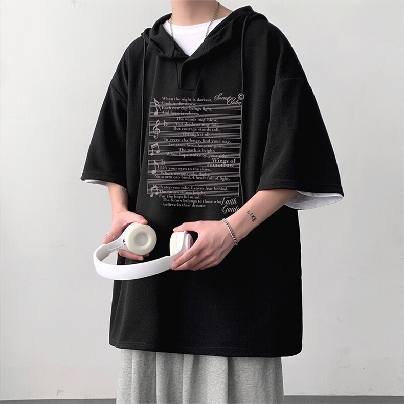 LD5428-P45连帽短袖t恤男大码胖子带帽五分袖中袖,男装T恤,电商A040