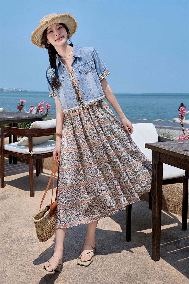 2025夏季新品波西米亚度假风蕾丝花边连衣裙+牛仔短袖两件套,女装连衣裙,1C078