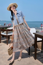 2025夏季新品波西米亚度假风蕾丝花边连衣裙+牛仔短袖两件套，女装连衣裙，1C078