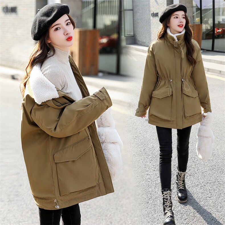 棉衣/棉服2021新款冬仿羊羔毛中长款工装棉服女外套，女装派克服，瑶迪依秀