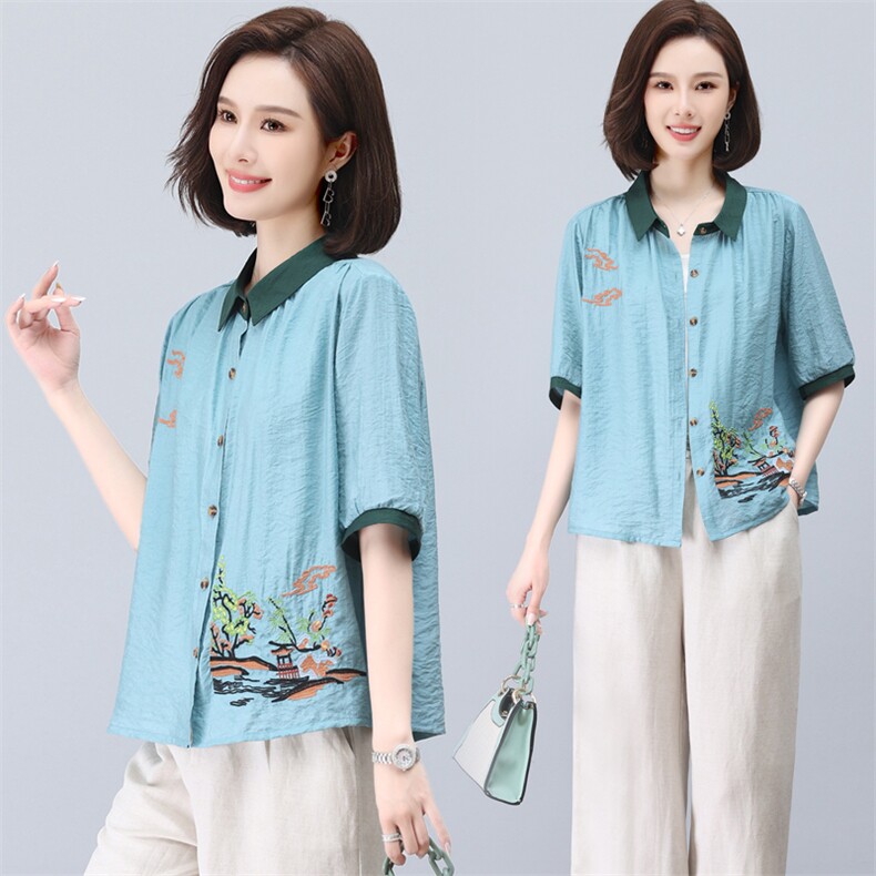 (新款)三年不下架2024年夏装天丝T恤衬衫女复古刺绣中老年妈妈装，女装衬衫，璐依舞