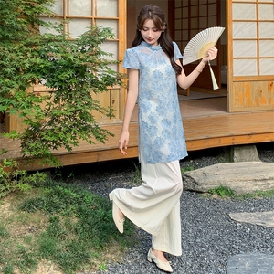 新中式国风套装女夏高级感复古提花时尚洋气减龄显瘦阔腿裤两件套图片