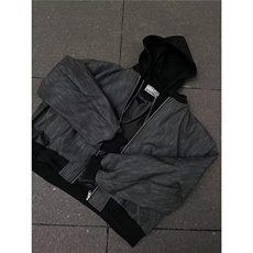 长袖时尚春秋冬重磅设计假两件连帽皮衣外套夹克简约P03-P90，男装皮衣，星座310A-4