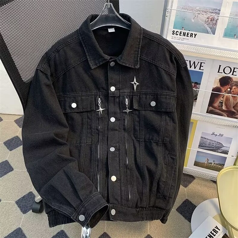 水洗做旧牛仔外套男春秋季美式ins潮牌高街宽松百搭夹克F10/P80，男装工装外套，星座506B