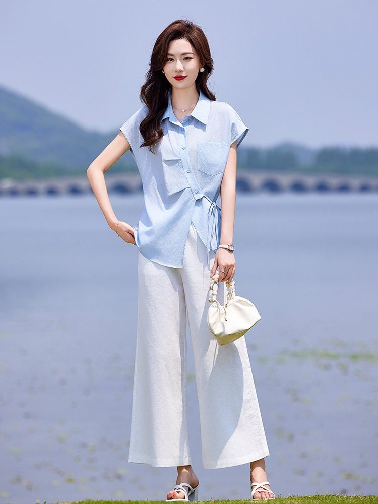 时尚休闲套装女夏季薄款2025新款高级感减龄短袖衬衫阔腿裤两件套,女装套装/套裙,靓衣阁