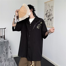夏季竹叶刺绣短袖衬衫男潮牌宽松韩系休闲半袖衬衣男CY804-P35，男装衬衫，星座412-2