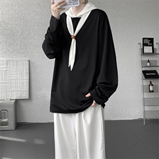 韩系学院风设计自带领带cleanfit长袖T恤简约拼色连帽上衣打底P48，男装T恤，电商B319