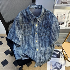 牛仔外套夏季凉感做旧扎染设计衬衣男士垫肩短袖4715P58，男装工装外套，星座410-2
