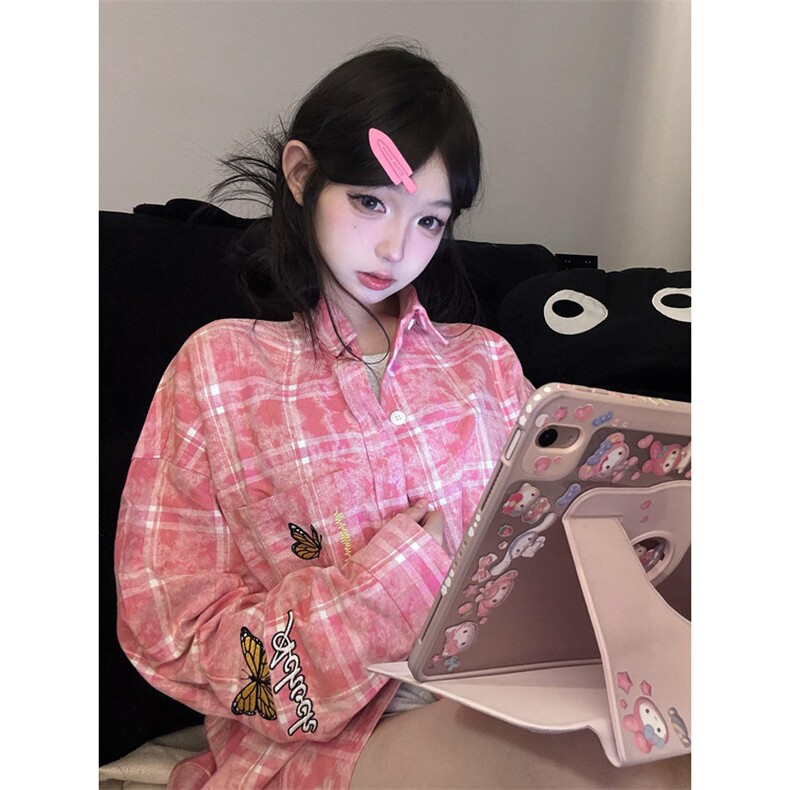 美式蝴蝶刺绣格子衬衫男秋季新款别致设计小众装衬衣外套CY14,男装衬衫,星座1116A（原606A-3）