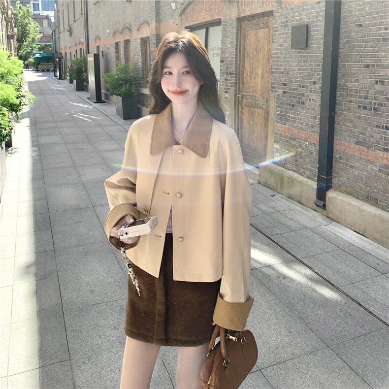 拼接撞色翻领宽松短款外套小个子设计感风衣上衣女2025年秋季新款,女装短外套,2B237