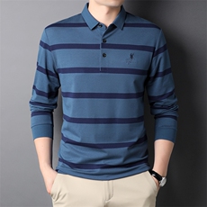 2023新款条纹polo衫男士长袖t恤宽松商务休闲中年秋季翻领上衣潮，男装T恤，电商B212（原钱塘6029）