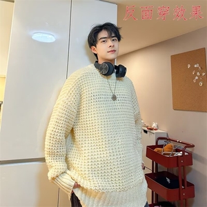 灰色粗线毛衣男春秋胖子大码日系慵懒圆领内搭打底针织衫7017/P54图片