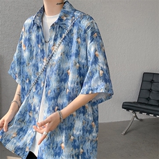 痞帅翻领短袖衬衫男款夏季复古宽松休闲街头风百搭短袖花衬衣外套，男装衬衫，电商D232