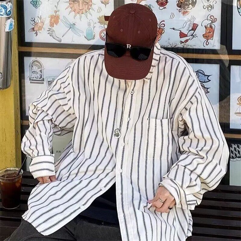 日系条纹长袖衬衫男春秋高级感痞帅衬衣美式复古休闲外套,男装衬衫,星座506A