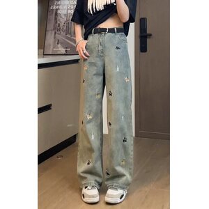 趣味小狗刺绣阔腿牛仔裤男女春夏季高腰宽松显瘦直筒裤子 NWY23图片